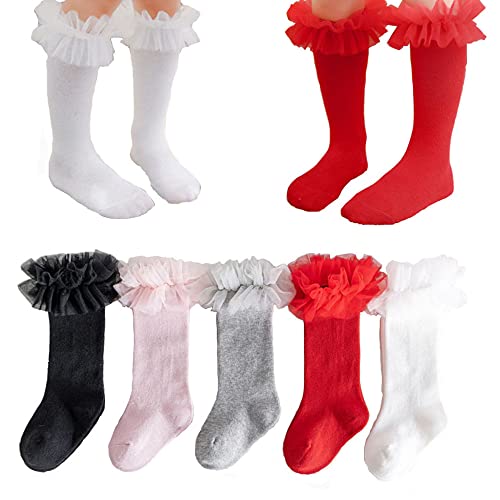 Baby Princess Girls Ruffles Lace Knee High Socks Toddler Cotton Tube Long Stockings Frilly Dress Socks