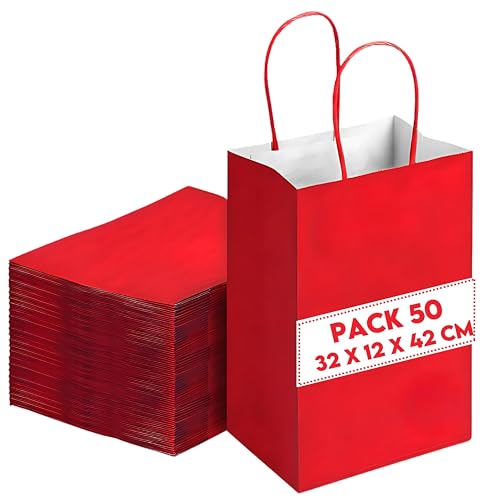 50 bolsas de regalo de papel Kraft rojo 32 x 12 x 42 cm – bolsa de regalo con asas retorcidas, ideal para envolver regalos, celebraciones, Navidad, boda, fiesta