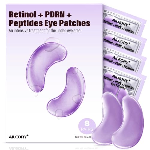 AILEORY PDRN Retinol Peptides Under Eye Patches - Hydrating Collagen Eye Gel Pads for Dark Circles, Puffiness, Fine Lines, Under eye Bags - Anti-Aging Self Care Skincare Gift for Women, 8 Pairs