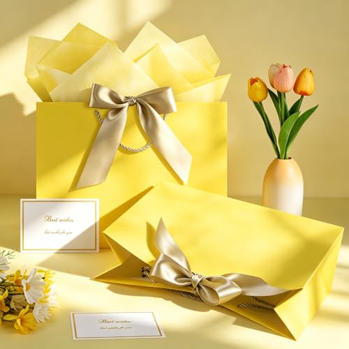 Image of JMANNI Gift Bags with Handles, 13 inch Medium Gift Bag for Presents, 2 Pcs Bags with 4 Tissue Paper and 2 Cards for Baby Shower Wedding Bridal Shower Mother's Day Birthday Party (yellow)