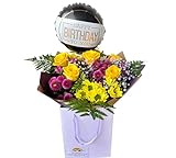 Happy Birthday Fresh Mix Cut Flower Bouquet Gift with Yellow Roses - Purple Chrysanthemums, Balloon and Box Bag for Celebrations, Indoor Floral Arrangement