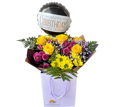 Happy Birthday Fresh Mix Cut Flower Bouquet Gift with Yellow Roses - Purple Chrysanthemums, Balloon and Box Bag for Celebrations, Indoor Floral Arrangement
