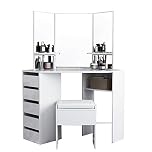 Panana Wooden Corner Dressing Table Modern Vanity Makeup Desk Vanity Console Dresser Table with Stool 3 Mirrors and 5 Storage Drawers Bedroom Furniture (White)