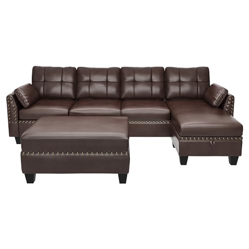 HONBAY Faux Leather Sectional Sofa Couch Set L Shaped Couch Sofa Set for Living Room Reversible Sofa Sectional with Storage Ottoman for Small Apartment (Sectional+Hydraulic Rod Ottoman)