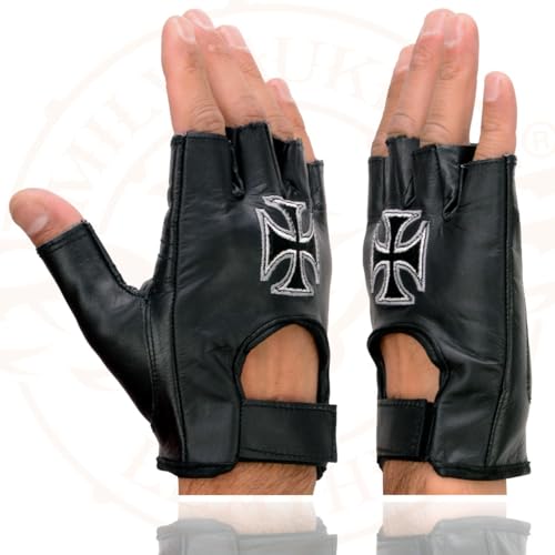 Image of Milwaukee Leather SH198 Men's Black Flame Embroidered Fingerless Gloves with Gel Palm