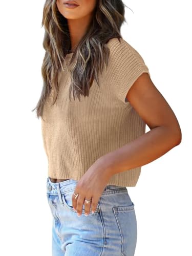 Image of LCXWFE Womens Summer Cropped Sweater Vest Trendy Cap Sleeve Crop Tops Crew Neck Loose Knit Tank Top