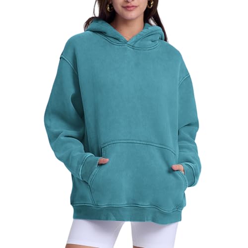 Image of FAIABLE Womens Oversized Acid Wash Hoodie Unisex Heavyweight Cotton Hoodies Fleece Vintage Washed Sweatshirt Women Men