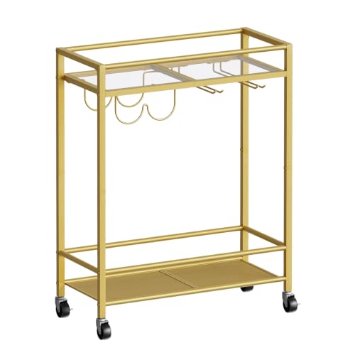 MAHANCRIS Gold Bar Cart, Beverage Cart with Wheels, Bar Cart for The Home, 2-Tier Drink Cart with...