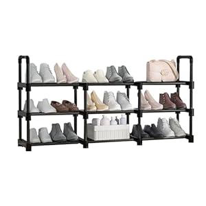 Schuhregal, 3Reihen 3 Ebenen Schuhregal Platzsparend, Stabiles Shoe Rack, Stapelbares Schuhregal Metall, Schuhschrank Schwarz, Schuhaufbewahrung, Schuhständer für Flur Schlafzimmer Wohnzimmer Eingang