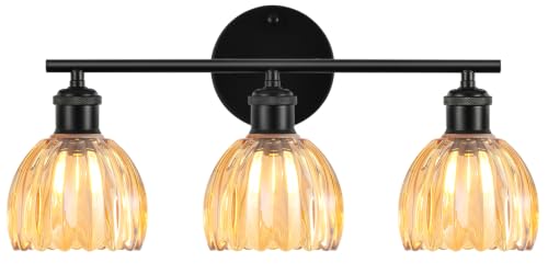 Image of Bathroom Light Fixtures, 3-Light Brushed Black Vanity Lights for Bathroom with Amber Tulip Glass Shade, 20 inch Vintage Bathroom Vanity Lighting Fixtures Over Mirror for Bedroom Living Room Hallway