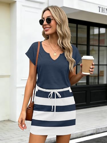 Image of SAUKOLE Women Summer T Shirt Dress Casual Short Sleeve V Neck Dress with Pockets Drawstring Waist Short Dresses