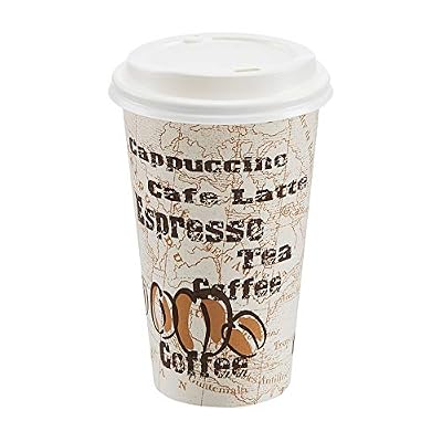 Amazon Basics Disposable Hot Paper Coffee Cups with Lids, To Go, Café Design, 16 oz, 100-Count