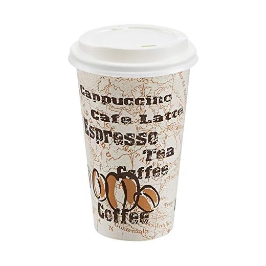 Amazon Basics To Go Hot Paper Coffee Cups with Lids, 16 oz, Café Design, Disposable, 100-Count