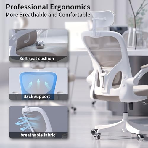 Image of Monhey Office Chair Ergonomic Desk Chair with Lumbar Support&Headrest&Flip-up Arms Height Adjustable Rocking Swivel Computer Chair Multi-Angle from 90 to 125 with 350LBS Capacity (02White+Khaki)