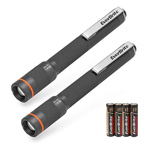 EverBrite 2 Pack Pen Light Flashlight, Pocket LED Penlight CRI90, Adjustable Focus Pen Flashlight, Portable & Waterproof Small LED Flashlights, 4 AAA Alkaline Batteries Included