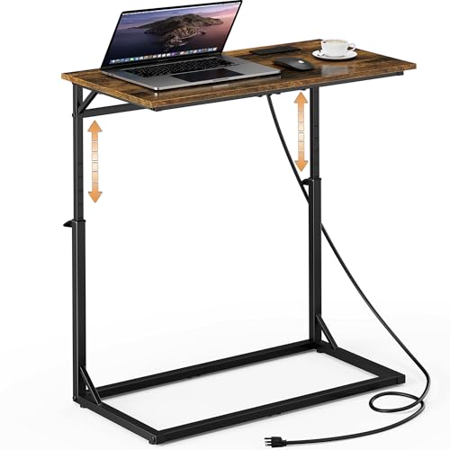 Vagusicc C Shaped End Table with Charging Station Large C-Table End Table Adjustable Height Side Table for Couch Couch Table Slide Under Sofa Table TV Tray Table for Sofa Living Room Bedroom Brown