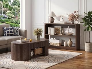 FATORRI Living Room Table Set of 2, Oval Fluted Coffee Table with Storage Shelf & 3-Tier Console Table Behind Couch, Wood Sofa Table and Coffee Table Bundle for Living Room Entryway, Dark Walnut