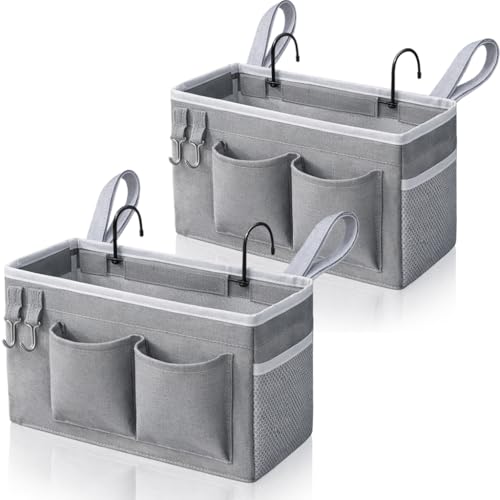 Image of Kanrichu 2pcs Bedside Caddy Hanging Storage Bag, Water Cup Holders, Organizer Baskets with Pockets for Bunk Bed Shelf, Hospital Beds, Loft & Dorm Rooms Accessories (Bedside bag-Grey)
