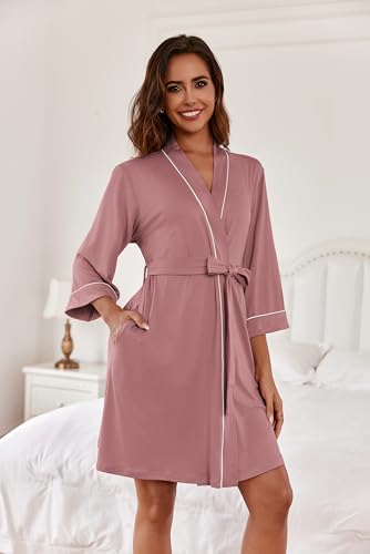 Image of Ekouaer Women Kimono Robes Knee Length Knit Bathrobe Lightweight Soft Sleepwear V-neck Casual Ladies Loungewear