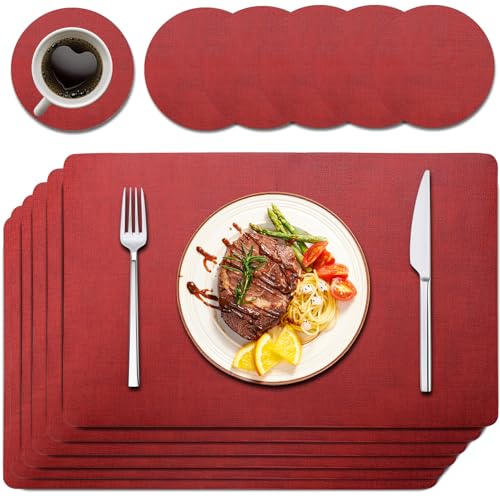 Purejoy Red Placemats Sets 6 Table Mats PU Leather Heat-Resistant Washable and Non-Slip 43 * 30 cm Dinner Table Mats Set of 6 christmas place mats christmas dinner set
