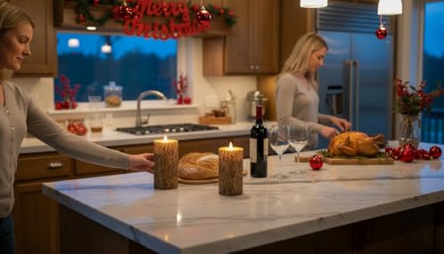 Image of Brown Bark Wax Flameless Pillar Candles with Remote Timer, 3D Moving Flame Led Candles up to 400 Hours with 2AA Batteries, Set of 2(3''x6''), Remote Included (Brown).