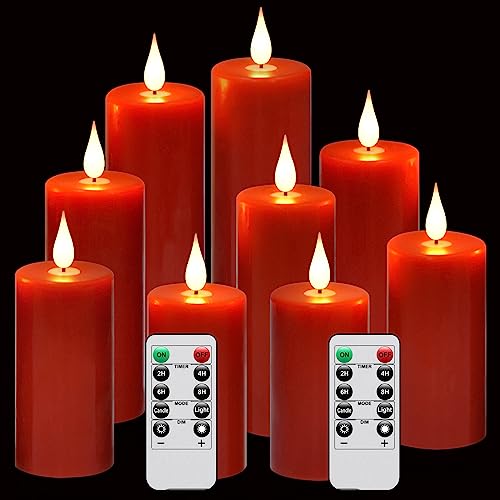 Image of Flameless Flickering Battery Operated Candles 9PACK Real Wax Pillar LED Candles with 10-Key Remote Control and 24 Hours Timer for Wedding, Party, Home Decoration (Red)