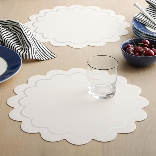 Image of kate spade new york Scallop Edge Round Reversible Placemats 6-Pack Set, Imitation Leather with Metallic Print, Water Resistant, Easy Wipe Clean, White /Silver, 15 inch Round