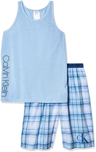 Calvin Klein Little Boys' 2 Piece Sleepwear Top and Bottom Pajama Set Pj, Blue Bell, ck River Plaid, Medium (7/8)