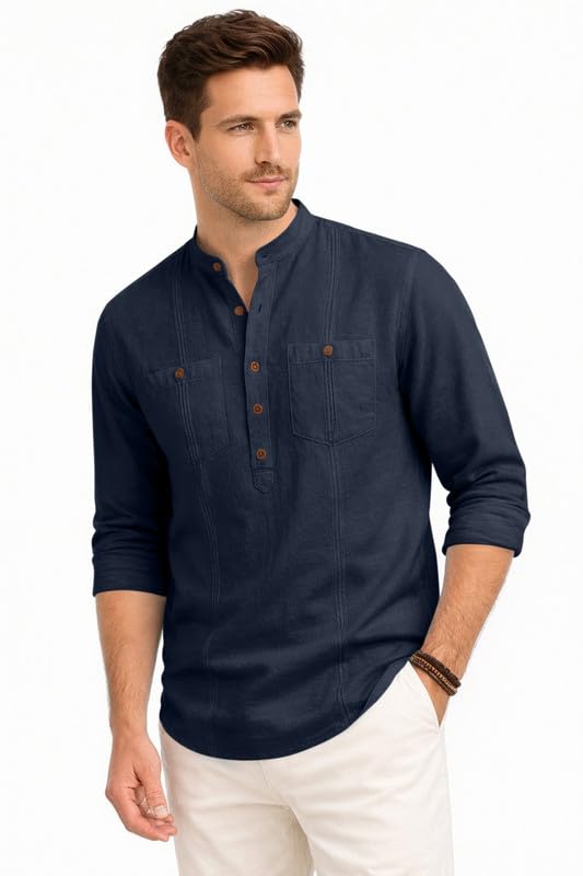 Image of ROYALSCOUT Men's Cotton Polyester Blend Kurta Style Shirt with Mandarin Collar, Half Button Placket, Dual Chest Pockets, Long Sleeve Casual Ethnic Fusion Wear for Office, Festive and Daily Use
