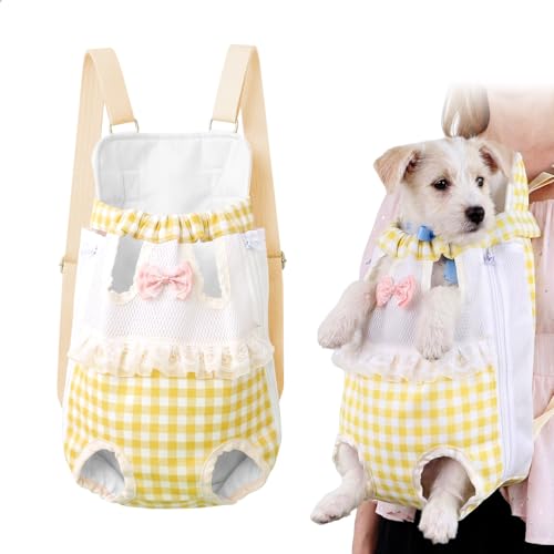 Trasportino per Cani, Zaino per Cani, Borsa per Cani Piccola Taglia, Zaino per Gatti Modello M Giallo a Quadretti per Fino a 4kg Gilet Pettorale con Rete Traspirante per Piccoli Cani e Gatti