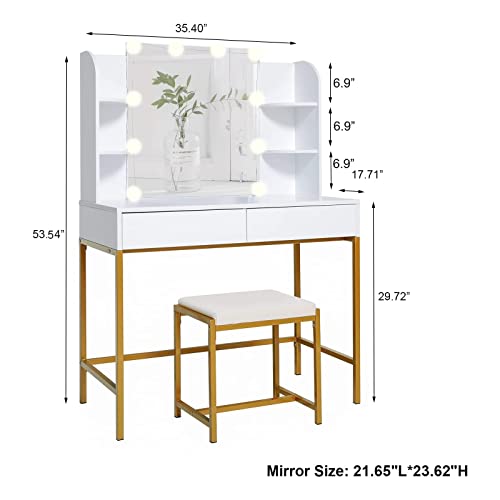 Usikey Makeup Vanity With 10 Led Lights & 2 Drawers, Vanity Set Dressing Table With 6 Storage Shelves, Vanity Table With Cushioned Stool, Vanity Desk With Mirror And Lights For Women,Girls, Gold-White #TOP5