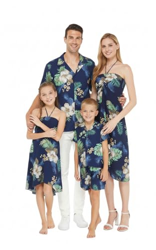 Image of Matchable Family Hawaiian Luau Men Women Girl Boy Clothes in Pineapple Garden Navy