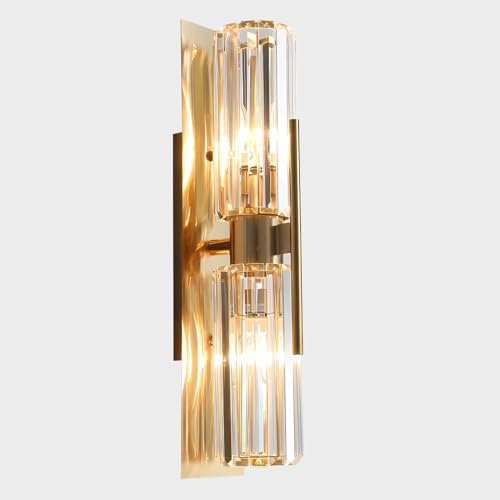 Fulesi Modern Luxury Crystal Wall Sconce 2-Light Mid Century Brass Wall Lighting Indoor Gold Bathroom Vanity Mount Wall Light for Bedroom Hallway