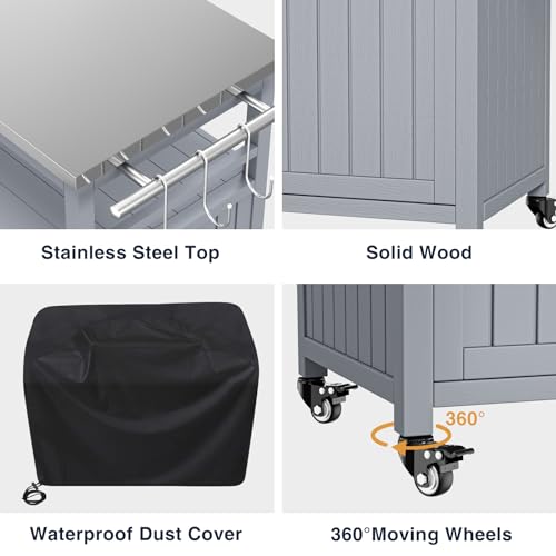 Solid Wood Outdoor Grill Table Storage Cabinet with Stainless Steel Top, Movable Kitchen Island Prep Stand Station, Rolling BBQ Bar Cart with Storage for Garden Party, Patio, Backyard, Camping, Grey
