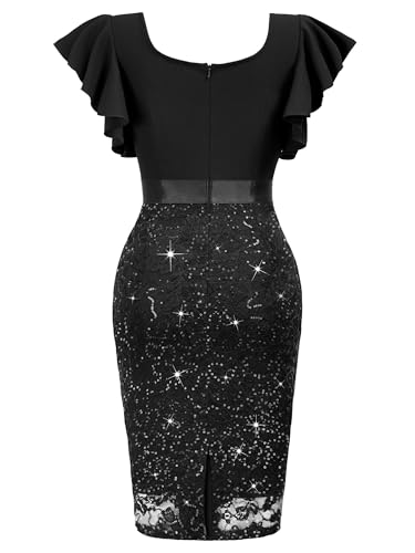Miusol Women's Deep V Neck Ruffle Sleeve Glitter Sequined Floral Lace Cocktail Party Dress (Large, Black)4