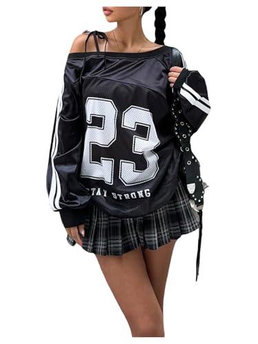 MakeMeChic Women's Striped Number Print Jersey Shirt Asymmetrical Neck Long Sleeve Summer Y2K Tee Top