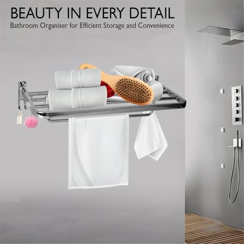 Image of Zureni Folding Towel Rack for Bathroom 304 Grade Stainless Steel Wall Mount Hanger Bar with Multipurpose Hooks Accessories and Fittings Shelf for Kitchen Washroom Wash Basin (Pack of 1, Silver, 1025)