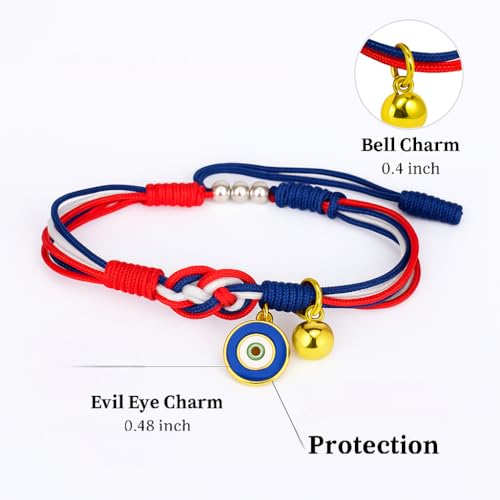 Evil Eye Bracelet with Bell for Women and Men, Red White Blue Adjustable Rope, Good Luck Protection, Red String Design3