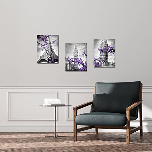 Saypeacher 3 Pieces Paris Eiffel Tower Canvas Wall Art London Big Ben Leaning Tower Purple Flower Modern Building Artwork For Home Bedroom Decor Stretched And Framed Ready To Hang 12X16Inchx3Pcs #TOP2