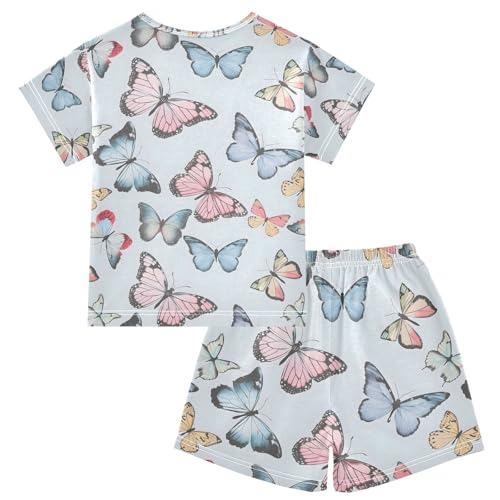 ALAZA Blue Butterfly Cartoon Pajamas Set Short Sleeve Cotton Sleepwear Summer Pjs 2 Piece 5-14Y2