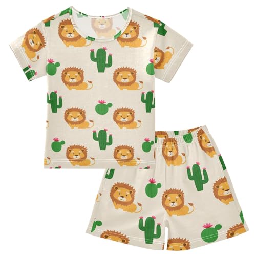 Cartoon Lion Cactus Beige Pajama Set Short Sleeve Summer Pajamas Shorts Sets PJ Clothes Set Soft 5Y