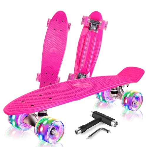 BELEEV Kinder Skateboard 22 Zoll mit LED Leuchtrollen Wheels, Komplette Mini Cruiser Skateboard für Kinder Jugendliche Erwachsene, LED Leuchtrollen mit All-in-one Skate T-Tool für Anfänger