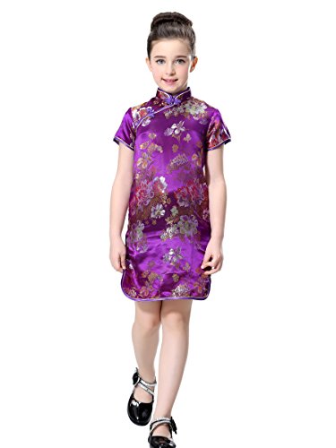 Girls Chinese Dress in Violet with Colorful Peony Patterns