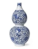 Dahlia Blue and White Vase, Handmade Chinese Porcelain Flower Vase, Lotus Motif, Gourd Shape 12 Inches