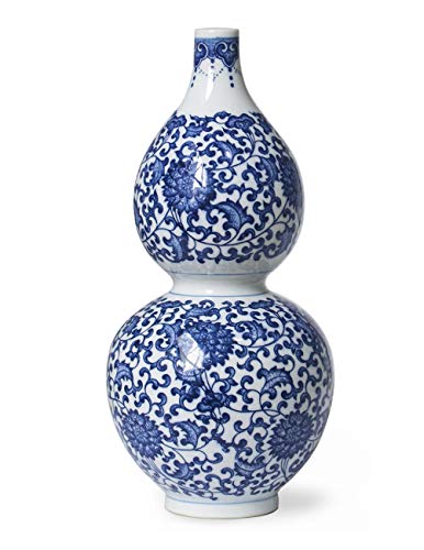 Dahlia Blue and White Vase, Handmade Chinese Porcelain Flower Vase, Lotus Motif, Gourd Shape 12 Inches