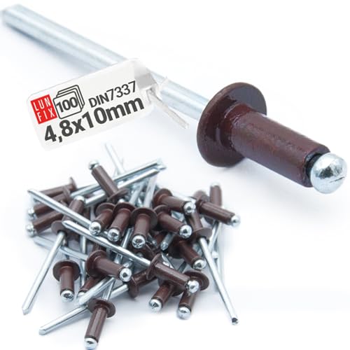100 rivetti ciechi in alluminio DIN 7337, 4,8 x 10 mm, RAL 8017, colore marrone cioccolato