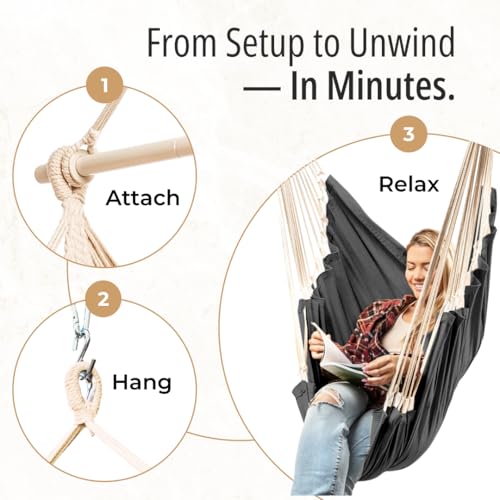 Image of Hanging Hammock Chair Swing - Hanging Chair Outdoor & Indoor - Hammock Swing Chair - Quick & Easy Setup with Hardware Kit - Durable & Spacious Full Body Support - Holds 440 Lbs