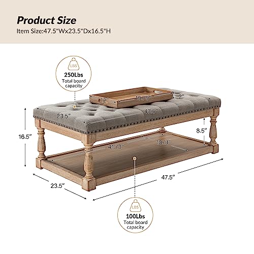 Hulala Home Rectangle Ottoman Coffee Table With Tray, Large Tufted Fabric Coffee Table With Wood Shelf Storage thumb #1