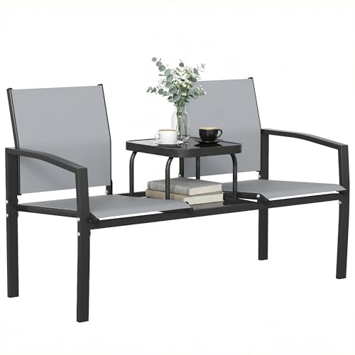 Outsunny 2-Sitzer Gartenbank Sitzbank mit Rücken- & Armlehnen, 2-stufigem Glastisch Parkbank 240kg belast, Gartenmöbel für Balkon, Garten, 135 x 67 x 81 cm, Grau
