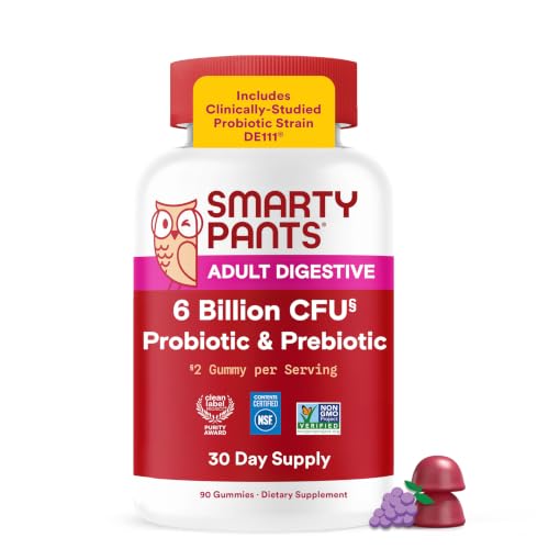 SmartyPants Adult Probiotic & Prebiotic Gummies for Digestive Health: 6 Billion CFU Gut Health Supplement Clinically Studied Prebiotic for Immune Support Grape 60 Count (30 Day Supply)